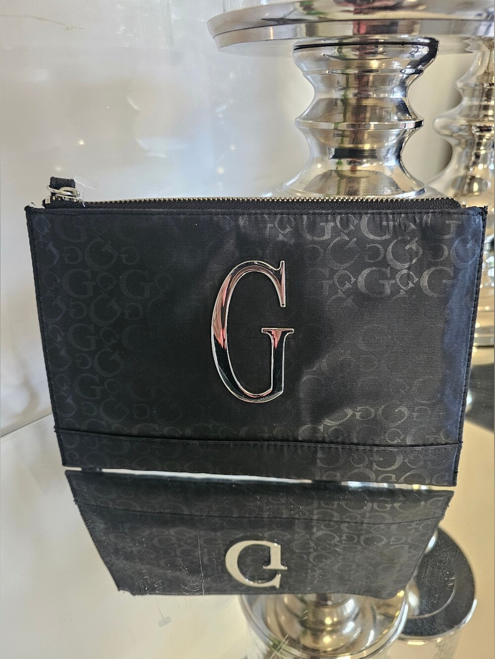 Guess Black Plumber  Wristlet  with Silver Zipper Detail